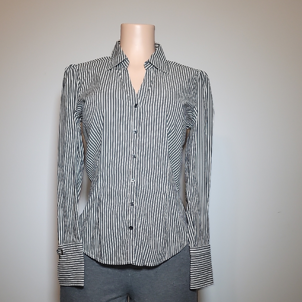 Express Gray and White Striped Button-Down Shirt